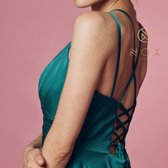 GREEN COLOR SATIN OPEN BACK PROM PARTY A-LINE LONG GOWN DRESS NX1020 - Picture 2 of 7